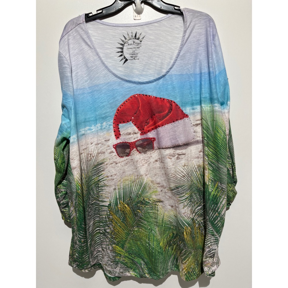 Sun Bay Sunny Day Tech Women 2X Tropical Christmas Beach Santa Long Sleeve Top‎